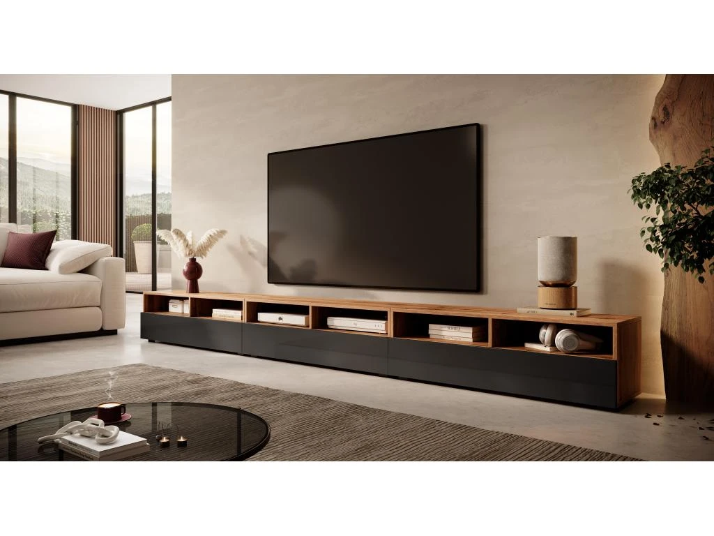 Meuble TV - 3x100 Cm - Chêne Wotan / Noir Brillant - REDNAW – Image 6