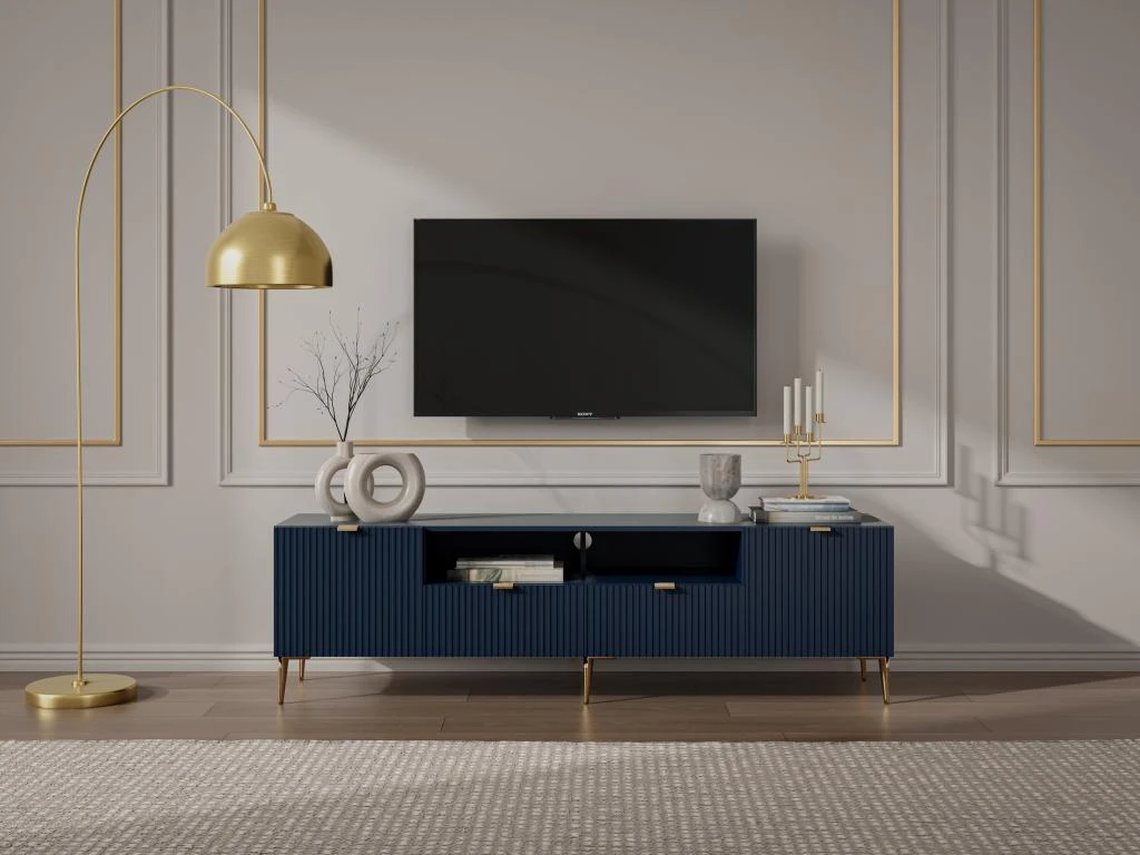 Meuble TV Avec 2 Portes, 2 Tiroirs Et 2 Niches En MDF Et Acier - Bleu Et Doré - YESINIA