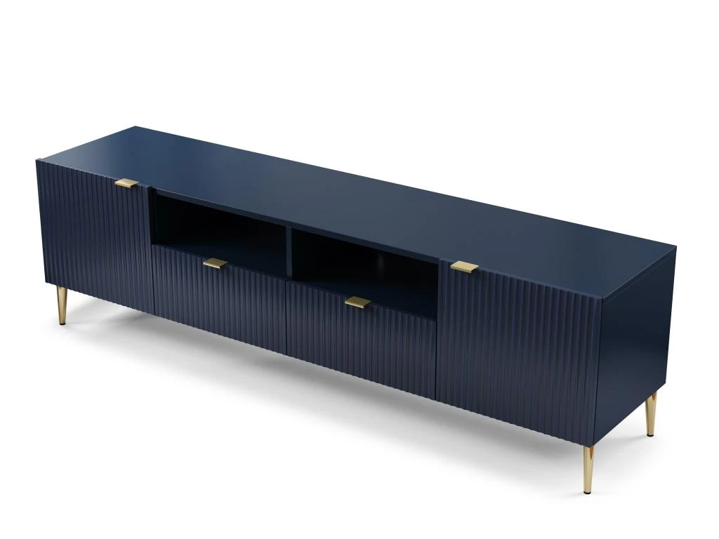 Meuble TV Avec 2 Portes, 2 Tiroirs Et 2 Niches En MDF Et Acier - Bleu Et Doré - YESINIA – Image 3