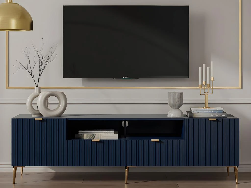 Meuble TV Avec 2 Portes, 2 Tiroirs Et 2 Niches En MDF Et Acier - Bleu Et Doré - YESINIA – Image 2
