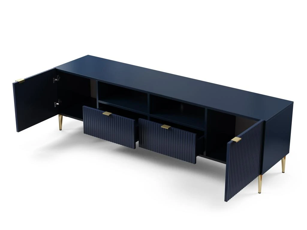 Meuble TV Avec 2 Portes, 2 Tiroirs Et 2 Niches En MDF Et Acier - Bleu Et Doré - YESINIA – Image 4