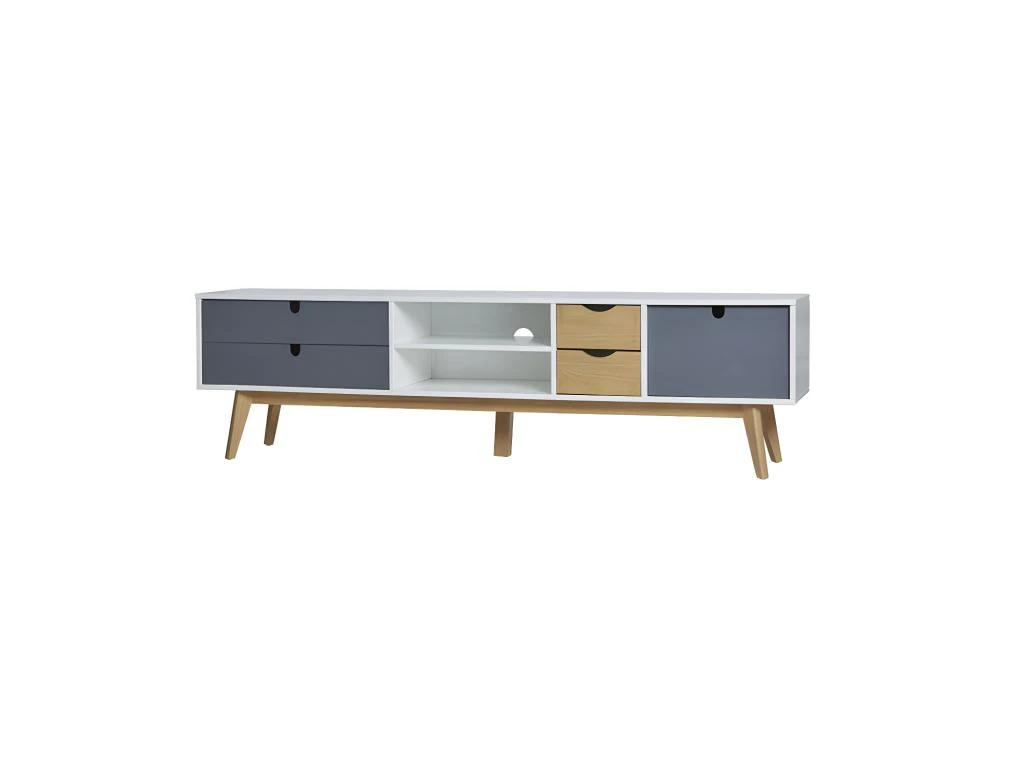 Meuble TV 4 Tiroirs 1 Porte Blanc/Bois/Gris - NANO
