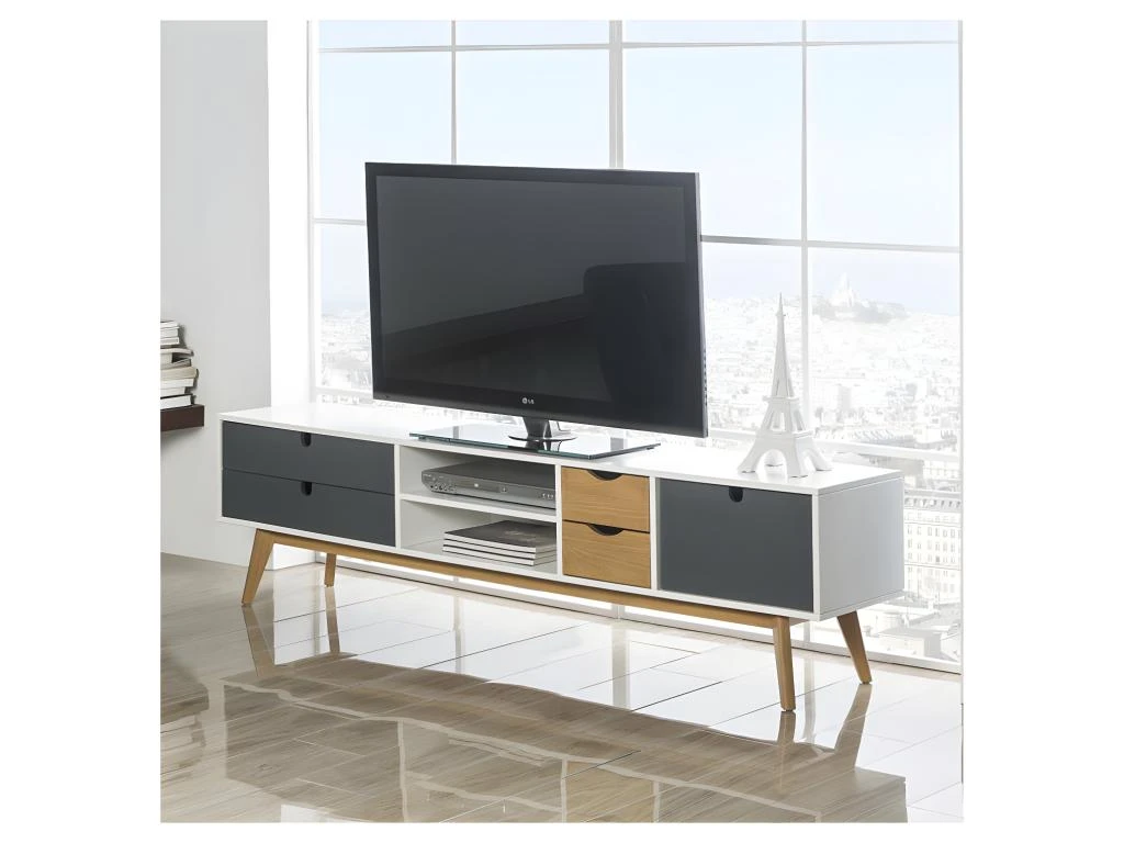 Meuble TV 4 Tiroirs 1 Porte Blanc/Bois/Gris - NANO – Image 3
