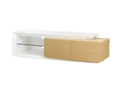 Meuble TV Contemporain 2 Portes + LED - Contemporain - Décor Chene Et Blanc Brillant - L 150 X P 45 X H 40 Cm - VIRGOS