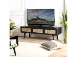 EMILIO - Meuble TV Bois Noir 3 Tiroirs Cannage