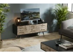 DALIE - Meuble TV Noir 6 Tiroirs Scandi Bois Sapin Marqueté Pieds Métal Doré