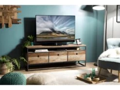 ALIDA - Meuble TV Marron 3 Tiroirs Teck Recyclé Acacia Mahogany Recyclé Et Métal Noir