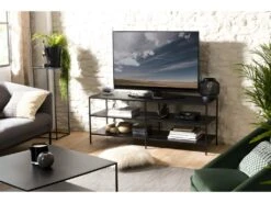 ROBIN - Meuble TV Noir 2 étagères Métal Industriel