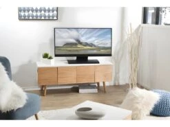 ISIDORE - Meuble TV 4 Portes Bois Clair Et Blanc