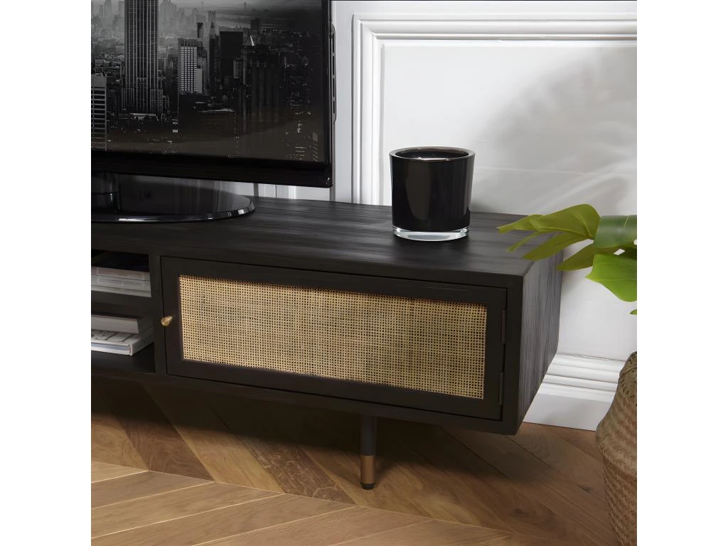 YANIS - Meuble TV Noir Bois Pin 2 Niches 2 Portes Cannage – Image 3