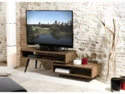 ALIDA - Meuble TV Rotatif Marron Scandi Teck Recyclé Pieds Noirs