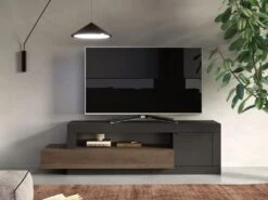 Meuble TV Avec 1 Porte, 1 Tiroir Et 1 Niche - Naturel Foncé Et Anthracite - RUSELO