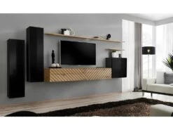 Ensemble Meuble Salon SWITCH I Design, Coloris Noir Et Chêne Wotan. Finitions Effet Chêne Fraisé.