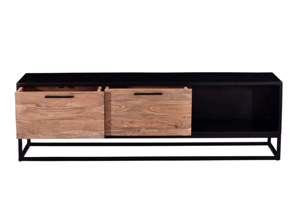 Meuble TV Avec 2 Tiroirs Et 1 Niche En Bois D'acacia Et Métal - Naturel Foncé Et Noir - ALYONA – Image 6