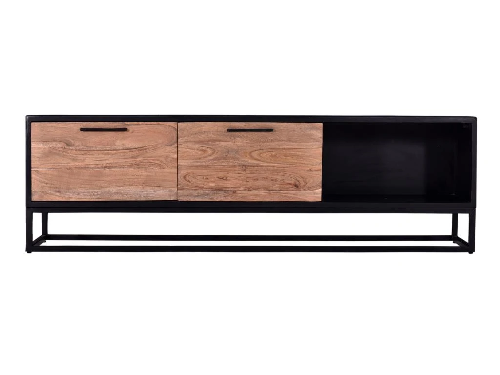 Meuble TV Avec 2 Tiroirs Et 1 Niche En Bois D'acacia Et Métal - Naturel Foncé Et Noir - ALYONA – Image 5