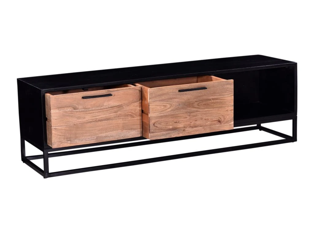 Meuble TV Avec 2 Tiroirs Et 1 Niche En Bois D'acacia Et Métal - Naturel Foncé Et Noir - ALYONA – Image 4