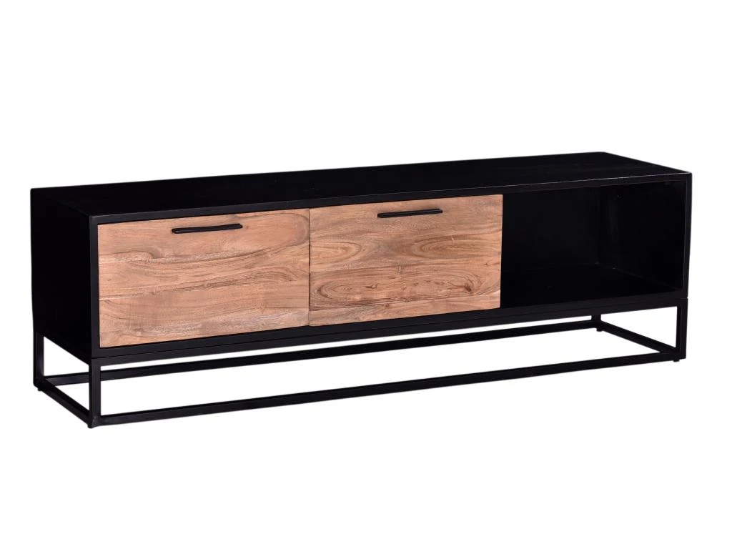 Meuble TV Avec 2 Tiroirs Et 1 Niche En Bois D'acacia Et Métal - Naturel Foncé Et Noir - ALYONA – Image 3