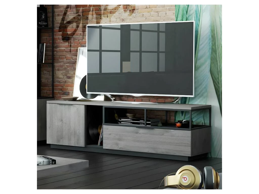 Meuble TV 1 Porte 1 Tiroir Bois/Métal - LEOKI – Image 2