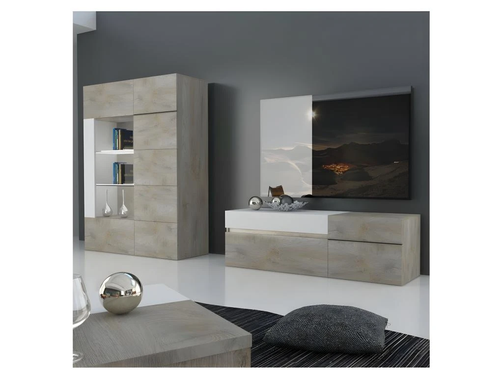 Meuble TV 1 Porte 1 Tiroir 1 Abattant Chêne Délavé/Blanc Mat - FLORINE – Image 2