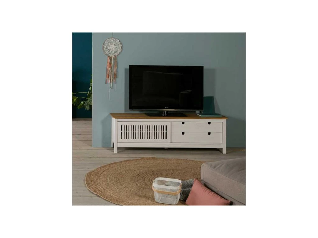 Meuble TV 1 Porte Coulissante 2 Tiroirs Bois/Blanc - BRANU – Image 2