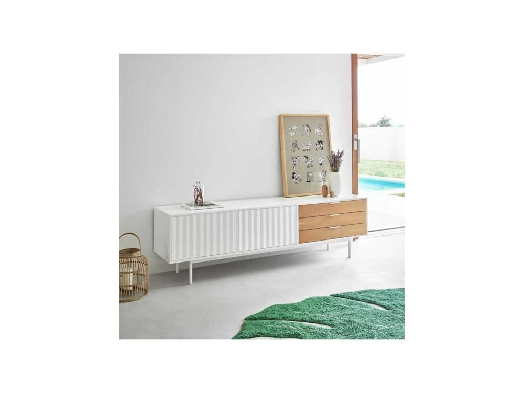 Long Meuble TV 2 Portes 3 Tiroirs Blanc/Chêne - TEULAT SIERRA – Image 2