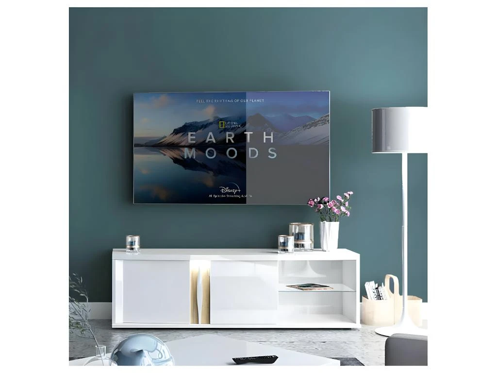 Meuble TV 2 Portes 2 Niches Blanc Laqué/ Chêne Doré - STAIN