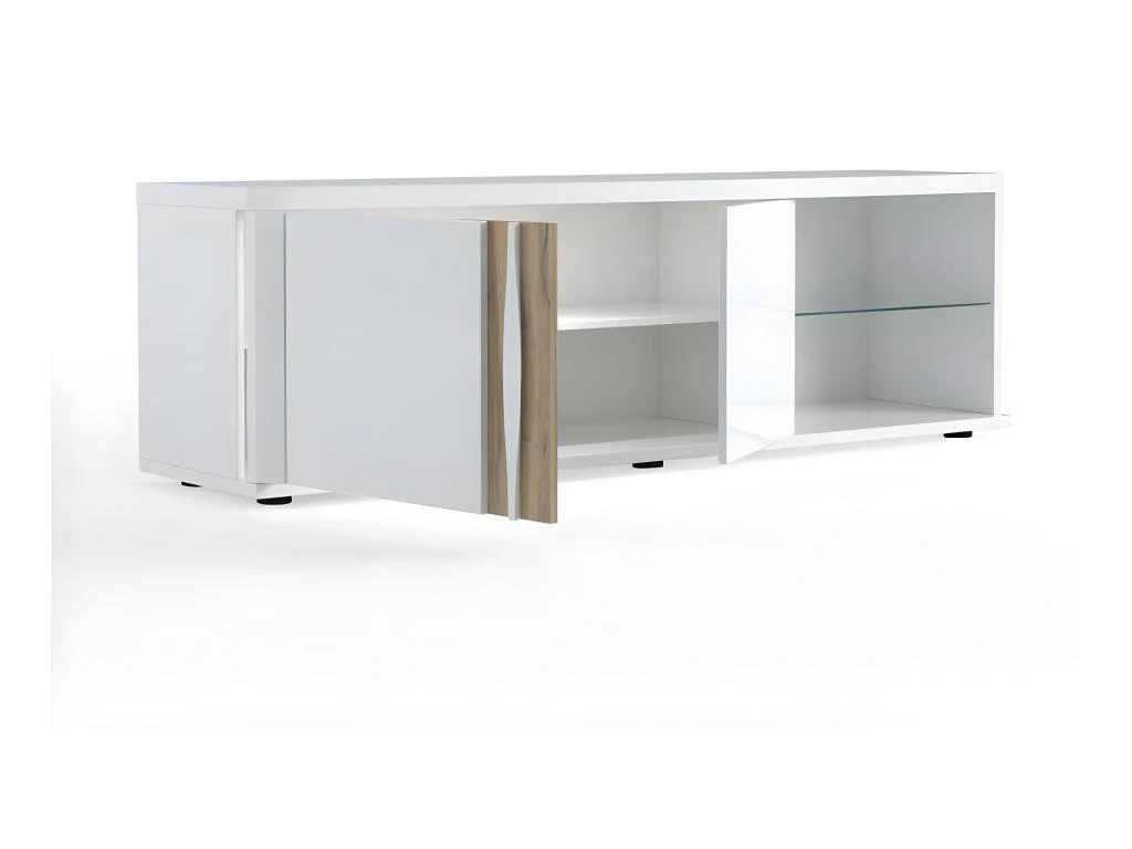 Meuble TV 2 Portes 2 Niches Blanc Laqué/ Chêne Doré - STAIN – Image 2