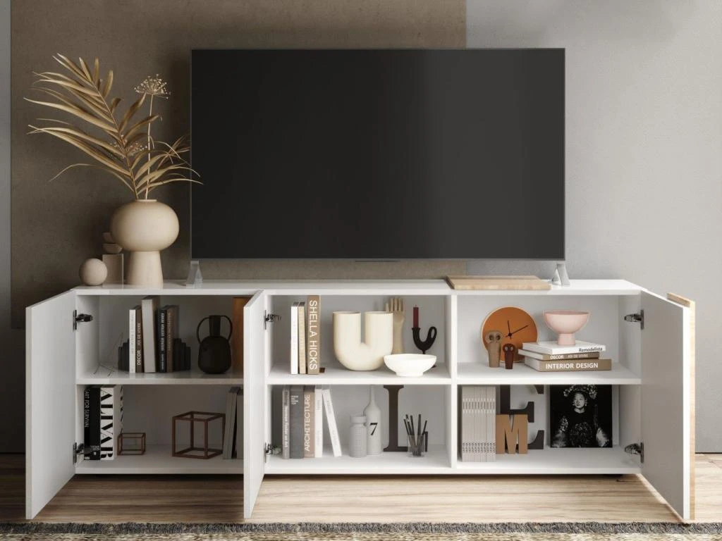 Meuble TV Avec 3 Portes - Blanc Et Naturel Clair - CAYNO – Image 3