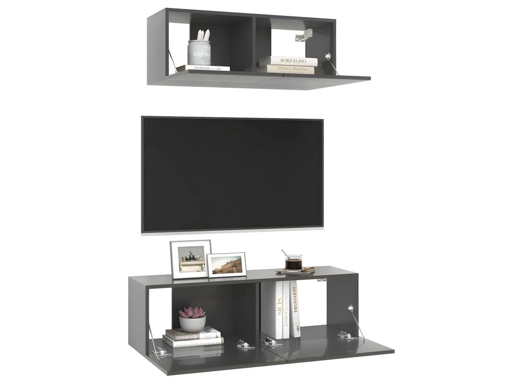 Ensemble De Meuble TV 2 Pcs Gris Brillant Aggloméré – Image 3