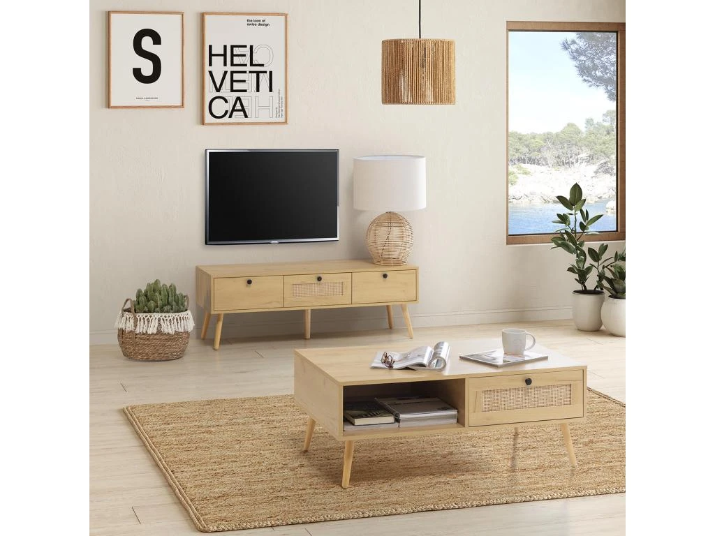 Meuble TV Bella 3 Portes Couleur Chêne Avec Rotin Naturel – Image 6