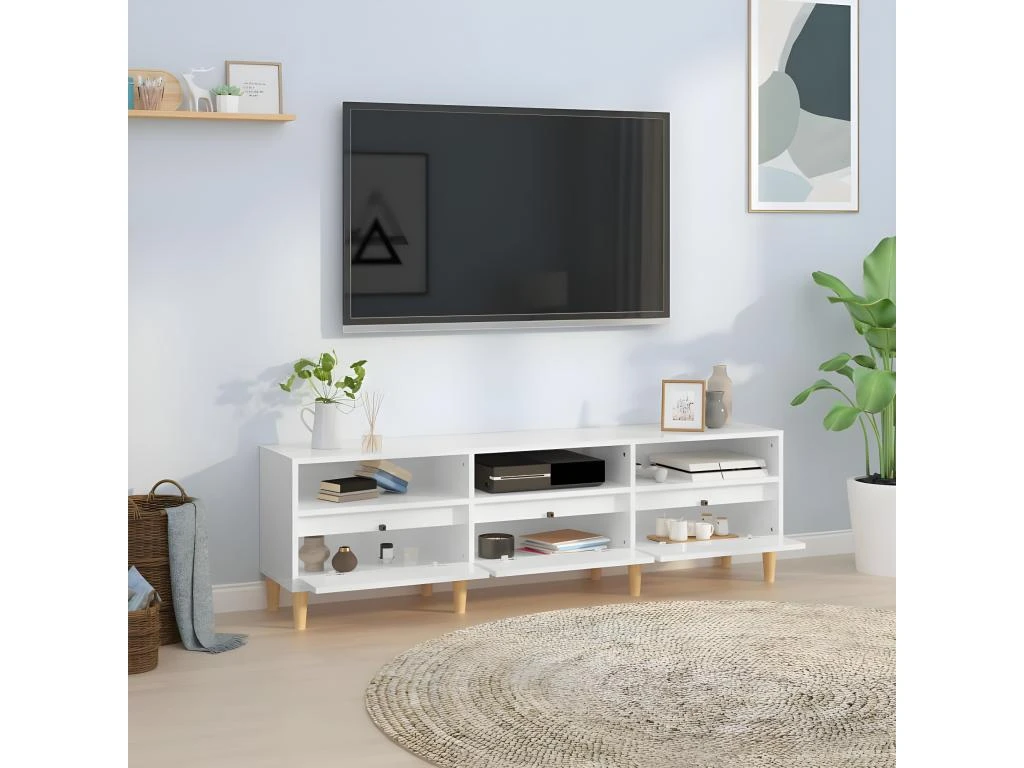 Meuble TV Blanc Brillant 150x30x44,5 Cm Bois D'ingénierie – Image 3