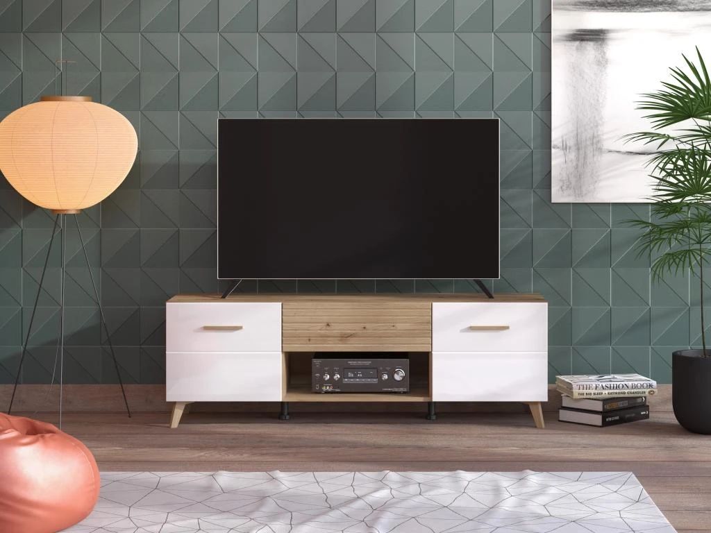 Meuble TV Avec 2 Portes, 1 Tiroir Et 1 Niche En MDF - Naturel Clair Et Blanc - EZGI