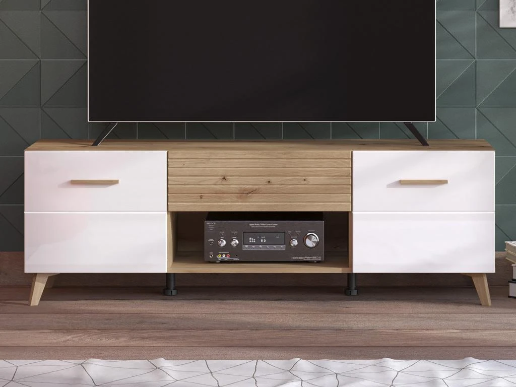 Meuble TV Avec 2 Portes, 1 Tiroir Et 1 Niche En MDF - Naturel Clair Et Blanc - EZGI – Image 2