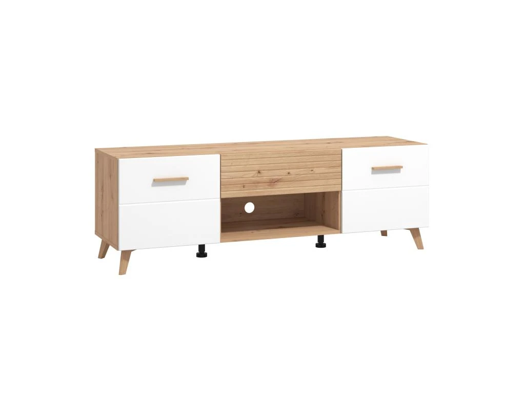 Meuble TV Avec 2 Portes, 1 Tiroir Et 1 Niche En MDF - Naturel Clair Et Blanc - EZGI – Image 5