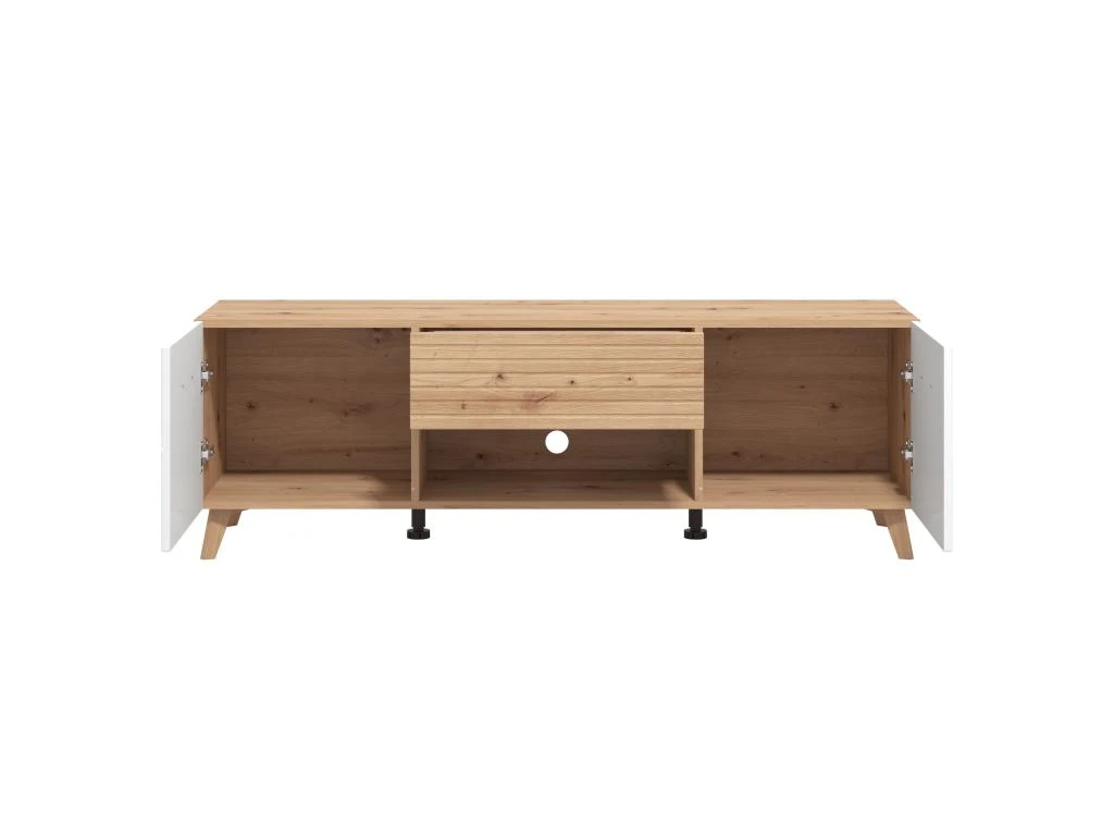 Meuble TV Avec 2 Portes, 1 Tiroir Et 1 Niche En MDF - Naturel Clair Et Blanc - EZGI – Image 4