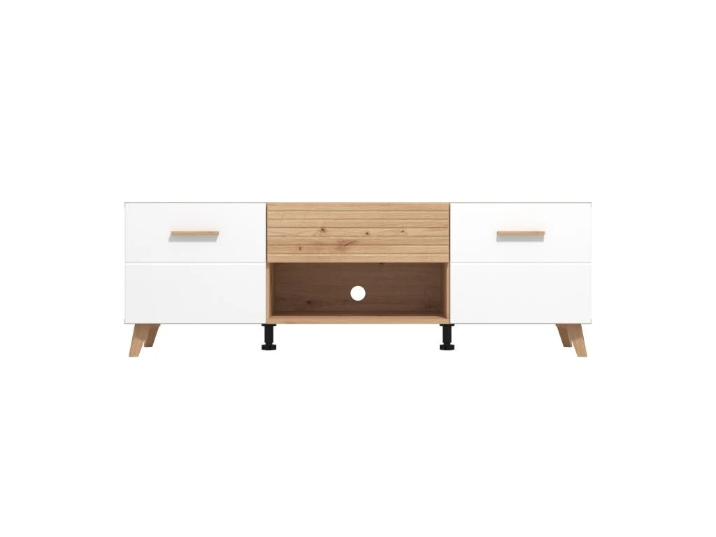 Meuble TV Avec 2 Portes, 1 Tiroir Et 1 Niche En MDF - Naturel Clair Et Blanc - EZGI – Image 3