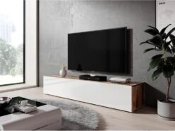 FURNIX Meuble Tv Debout / Suspendu Zibo 160 Cm Vieux Bois Mat / Blanc Brillant Style Moderne Avec Compartiments Fermés