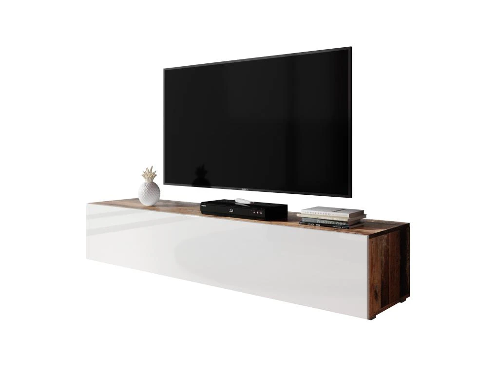 FURNIX Meuble Tv Debout / Suspendu Zibo 160 Cm Vieux Bois Mat / Blanc Brillant Style Moderne Avec Compartiments Fermés – Image 2