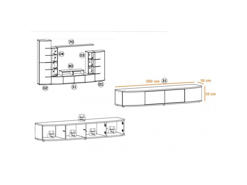 Ensemble Meuble TV & Bibliothèque "Leave" 300cm Blanc & Noir – Image 4