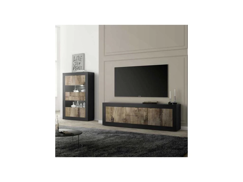 Meuble TV 2 Portes 2 Tiroirs Noir Mat/Bois Fumé - MATERA – Image 3