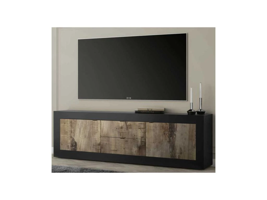 Meuble TV 2 Portes 2 Tiroirs Noir Mat/Bois Fumé - MATERA – Image 5