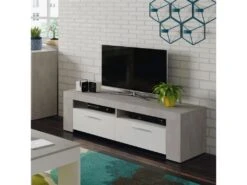 Meuble TV 2 Portes 2 Niches Blanc/Béton Ciré Clair - RUINUI - L 120 X L 42 X H 40 Cm