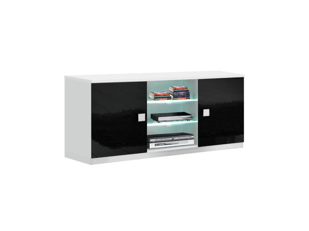 Meuble TV 2 Portes Noir/Blanc à LEDS - ZEME - L 150 X L 47 X H 70 Cm