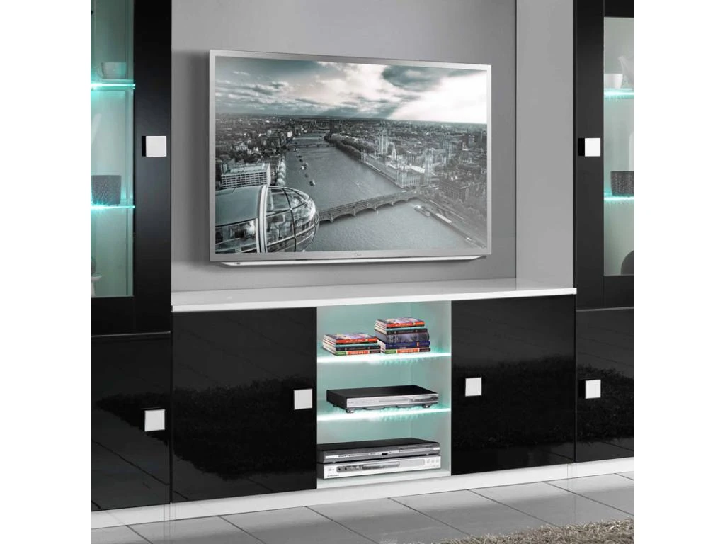 Meuble TV 2 Portes Noir/Blanc à LEDS - ZEME - L 150 X L 47 X H 70 Cm – Image 2