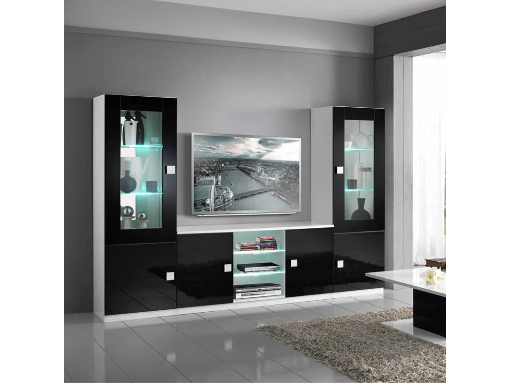 Meuble TV 2 Portes Noir/Blanc à LEDS - ZEME - L 150 X L 47 X H 70 Cm – Image 3