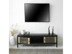 Slavia , Meuble TV Rectangulaire, Deux Portes, En Panneaux , Bois De Mindi Et Loom , Noir Et Naturel