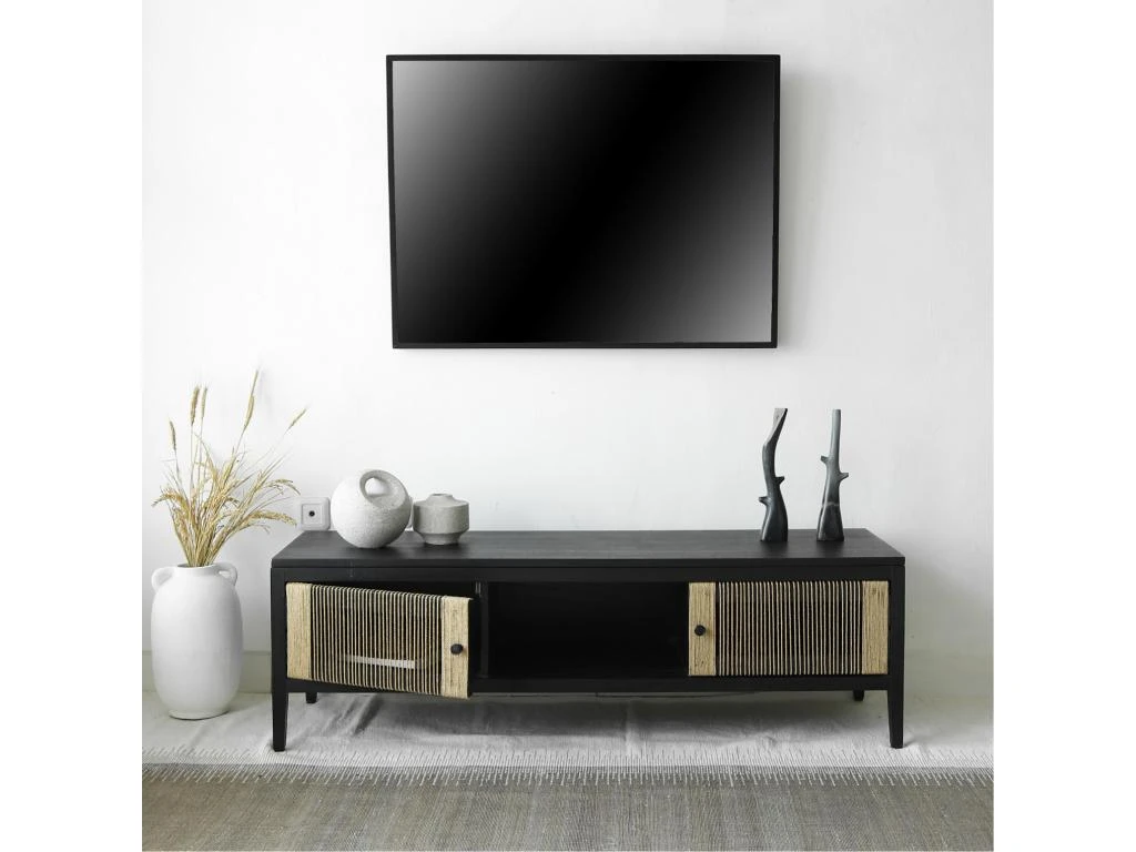 Slavia , Meuble TV Rectangulaire, Deux Portes, En Panneaux , Bois De Mindi Et Loom , Noir Et Naturel