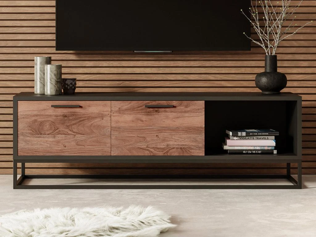 Meuble TV Avec 2 Tiroirs Et 1 Niche En Bois D'acacia Et Métal - Naturel Foncé Et Noir - ALYONA – Image 2