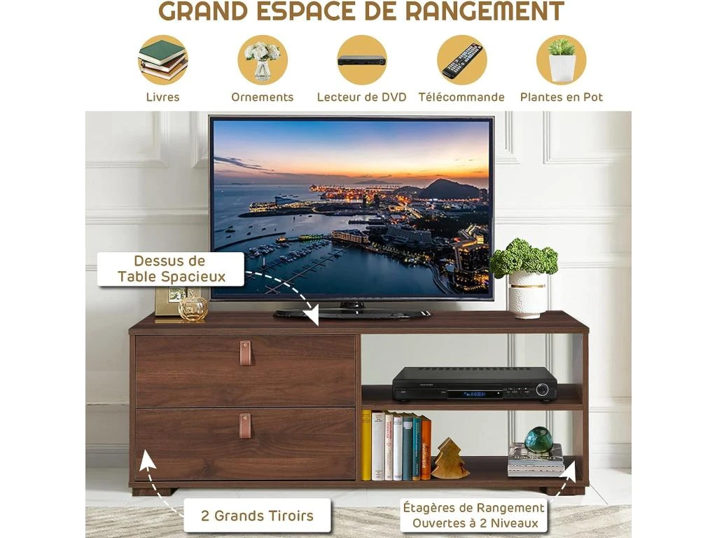 Meuble Tv En Bois Pour Téléviseur Banc Tv Avec 2 Tiroirs étagère Réglable Jusqu'à 139,7 Cm 120 X 39 X 44 Cm – Image 3