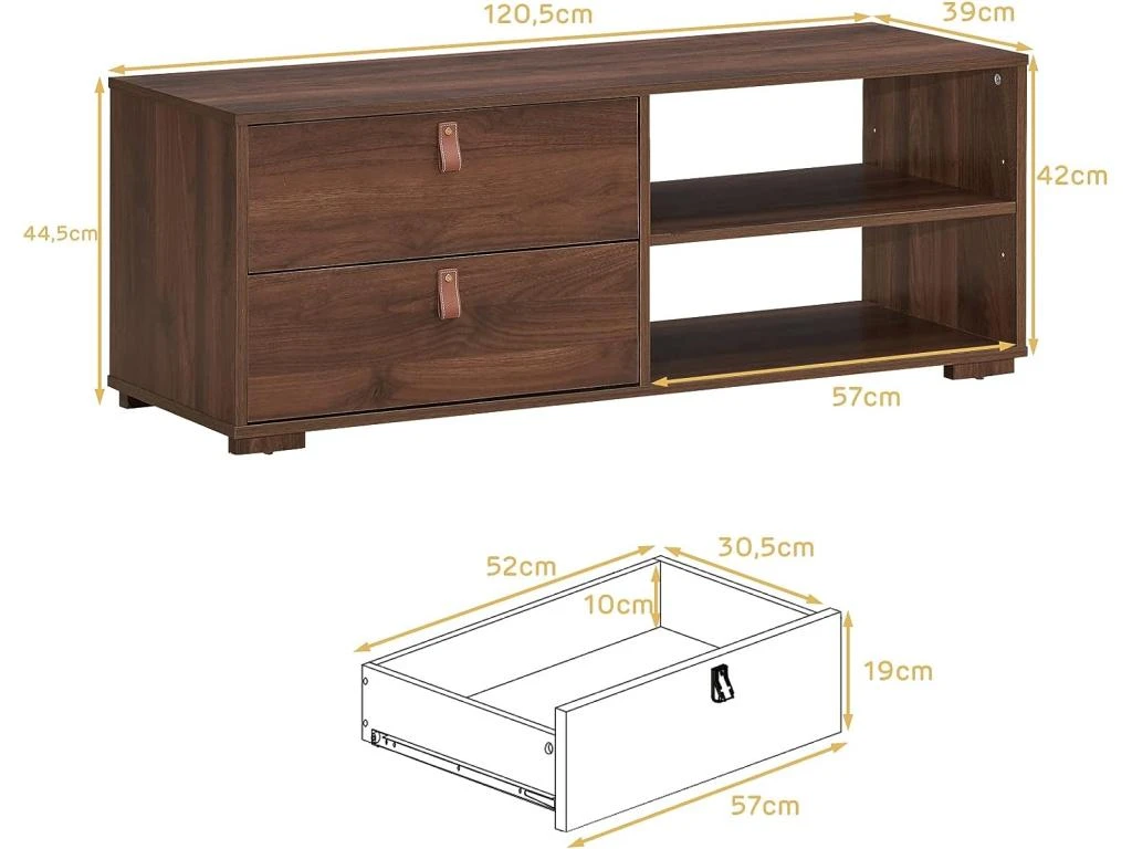 Meuble Tv En Bois Pour Téléviseur Banc Tv Avec 2 Tiroirs étagère Réglable Jusqu'à 139,7 Cm 120 X 39 X 44 Cm – Image 5